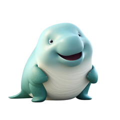 A cute, cartoon-style manatee with a big smile, standing on all fours and looking happy.
