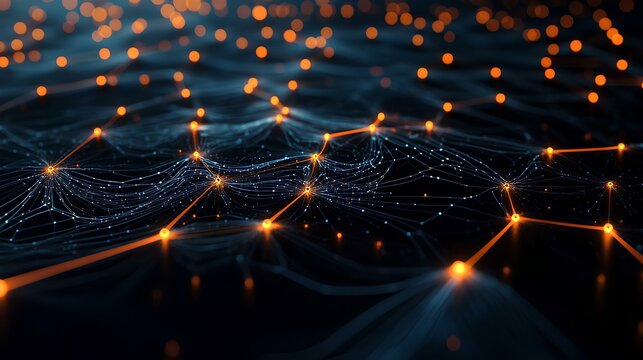 Dark-themed neural network concept with glowing nodes forming intricate, abstract patterns