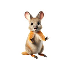 A cute, cartoon-style quokka with big ears, a fluffy tail, and a big smile, isolated on a black background.