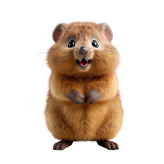 Obraz premium A cute, cartoon-style quokka with big eyes and a wide smile, standing on its hind legs and looking at the camera.