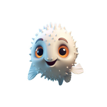 recommend clip art: A cute, cartoon-style pufferfish with large eyes and a big smile, isolated on a black background.