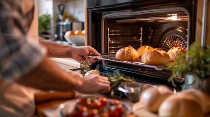 Taking fresh baked buns from the electric oven in the kitchen