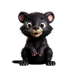 Obraz premium A cute, cartoon-style Tasmanian devil with black fur, pink ears and nose, and a big smile, sitting on a black background.