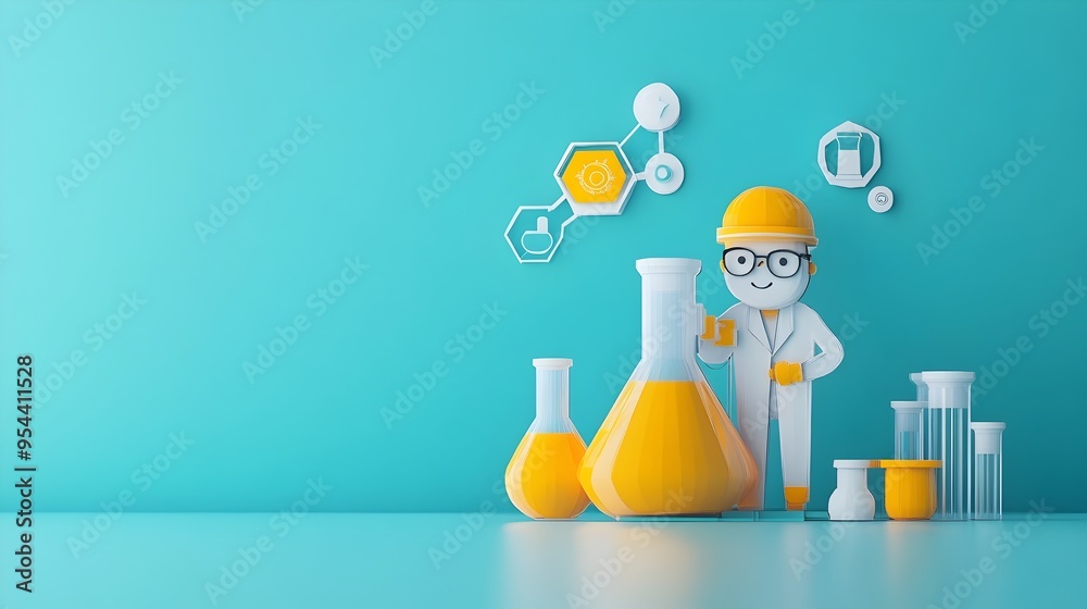 Poster chemical engineering represented by paper cut style flask and apparatus