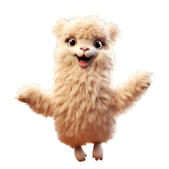 A cute, fluffy alpaca with big eyes and a happy expression, standing on its hind legs with its arms outstretched.