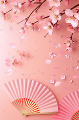 Pink Background with Cherry Blossom and Paper Fan for a Delicate and Elegant Theme