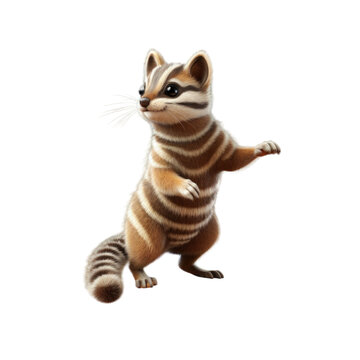 A cute, cartoon-style, brown and white striped banded linsang with a fluffy tail standing on its hind legs.