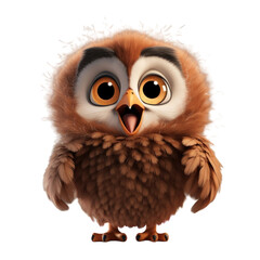 Fototapeta premium A cute, fluffy owl with big, round eyes and a wide, open beak, seemingly laughing.