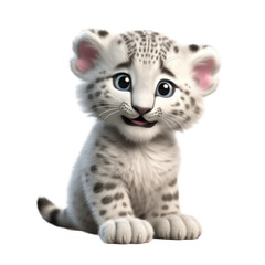 Obraz premium A cute, fluffy snow leopard cub with big blue eyes sits and smiles.