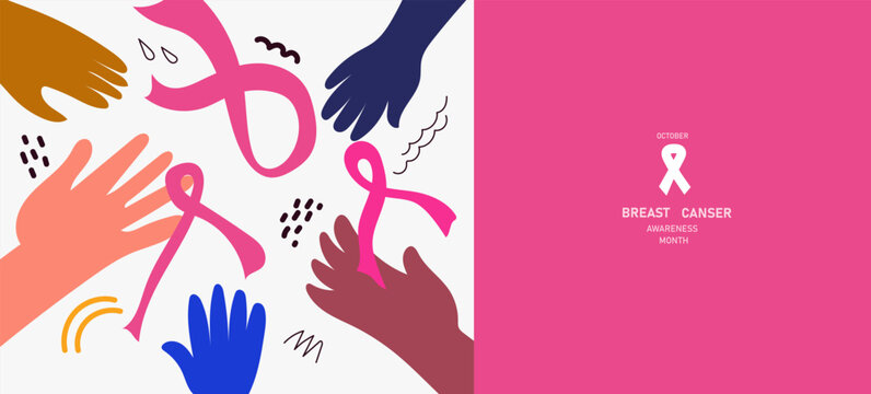 Breast Cancer Awareness Month banner. Vector abstract  line art hand drawn illustration. humans hands and pink  ribbon. Continuous line Vector doodle illustration for banner, poster
