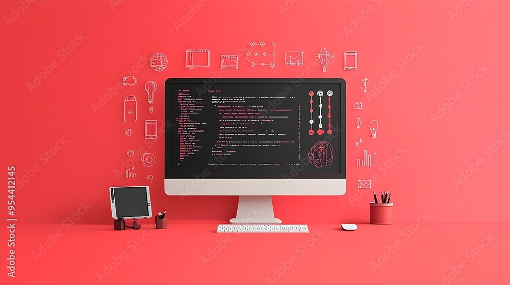 Aufkleber Computer Monitor with Coding Symbols in Paper Cut Style Representing Tech Business