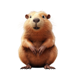 A cute, fluffy, brown rodent with a big smile sitting upright against a black background.