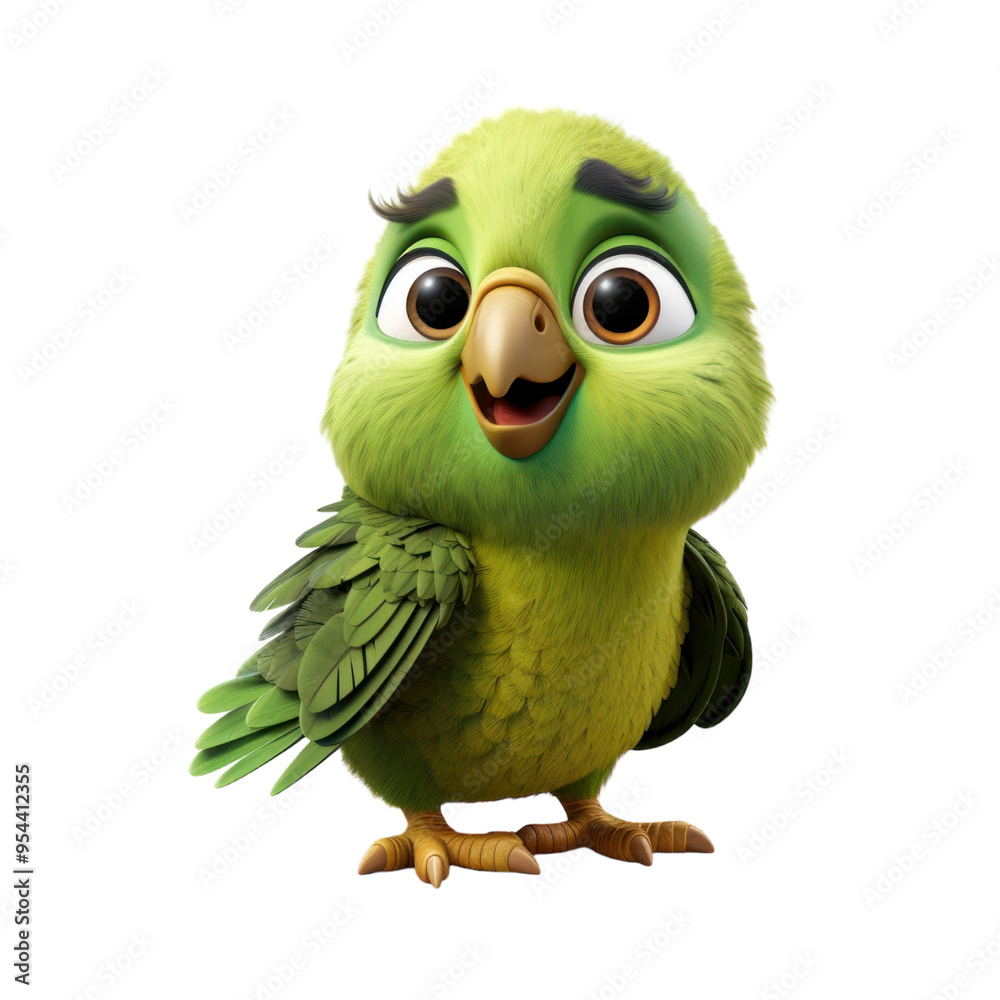 Fototapete a cute, green parrot with large eyes and a small beak is looking directly at the camera with a happy