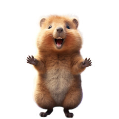 A cute, furry, cartoon-style hamster with a big smile, standing on its hind legs with its front paws raised in the air.