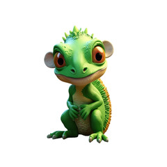 Obraz premium A cute, green, cartoon lizard with large, orange eyes and a toothy grin sits on a black background.