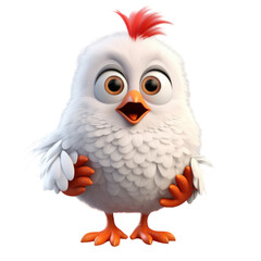 Fototapeta premium A cute, white cartoon chick with red comb and orange feet stands with its wings raised and an open beak in a cheerful, cartoonish style.