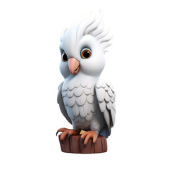 A cute, white cockatoo with blue eyes perched on a wooden stump.