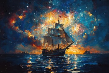 Majestic ship sailing under fireworks at night on the ocean