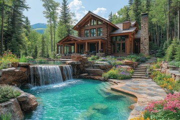 Luxurious log cabin with cascading waterfall pool and breathtaking mountain views