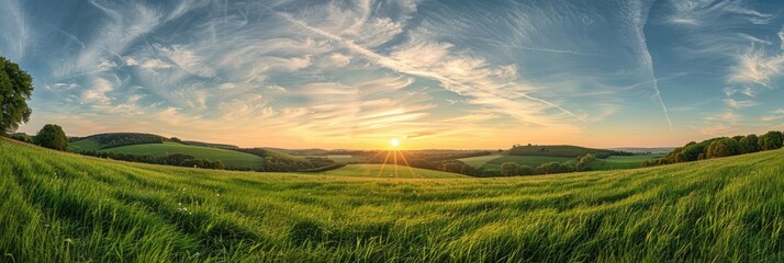 Obraz premium Tranquil sunrise scene with the sun rising over a lush green field and a picturesque sky decorated with wispy cirrus clouds