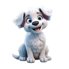 A cute, white, cartoon puppy with big, brown eyes and a big, happy smile, sitting and looking up.