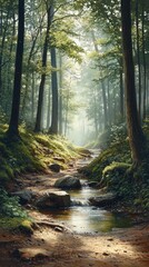 Obraz premium Forest stream, with moss-covered rocks and clear water, under dappled sunlight