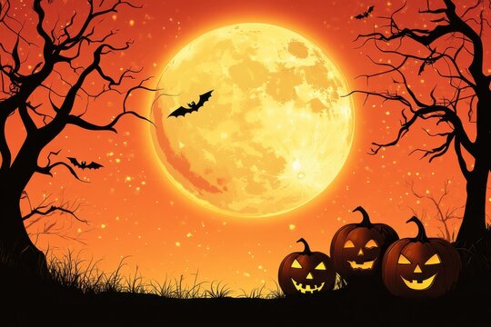 Halloween night with pumpkins and full moon