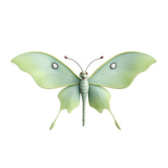 A green and white luna moth with large wings and two eyespots on each wing.