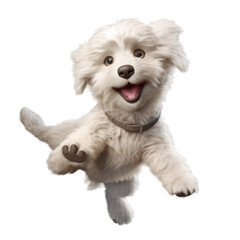 A happy white puppy with a brown collar, jumping in the air with a playful expression.