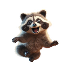A happy, cartoon raccoon with a wide, toothy grin, paws outstretched, looking at the viewer.
