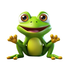 Obraz premium A happy, cartoon-style green frog with big eyes and a wide smile, sitting with its hands raised.
