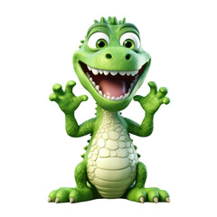 Fototapeta premium A happy, green, cartoon dinosaur with a big smile, with its arms raised in the air.