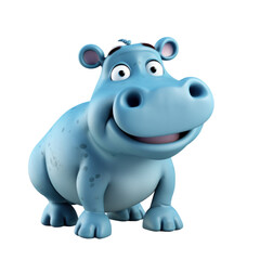 Fototapeta premium A light blue cartoon hippopotamus with a friendly smile, standing on a white background.