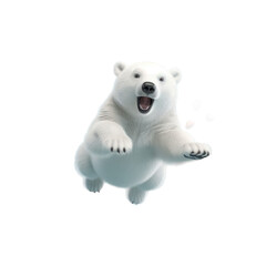 A playful polar bear cub leaps through the air with its mouth open, seemingly in mid-jump. A few small, pink, flower petals fall behind it.