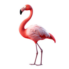 Fototapeta premium A single pink flamingo standing on one leg with a long neck and a curved beak, isolated on a black background.