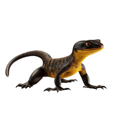 Obraz premium A small yellow and black lizard with a long tail, isolated on a black background.
