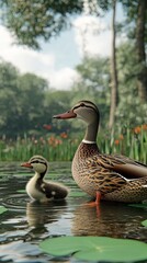 Fototapeta premium Freshwater wetland, with cattails and a family of ducks, under cloudy skies