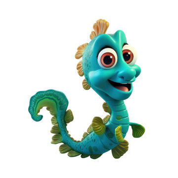 recommend clip art: A smiling blue and green cartoon seahorse with large eyes and a curled tail.