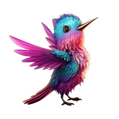 Obraz premium A vibrant, digitally rendered illustration of a cartoon hummingbird with pink, blue, and purple feathers and a black eye. The bird has its wings spread wide and is facing to the right.