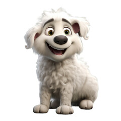 Fototapeta premium A white fluffy dog with brown eyes and a black nose smiles while sitting.