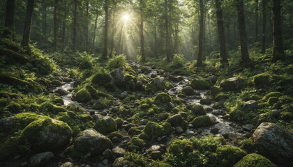 Obraz premium Sunbeam breaks through the dense canopy of a lush forest, illuminating a stream winding its way through a bed of moss-covered rocks