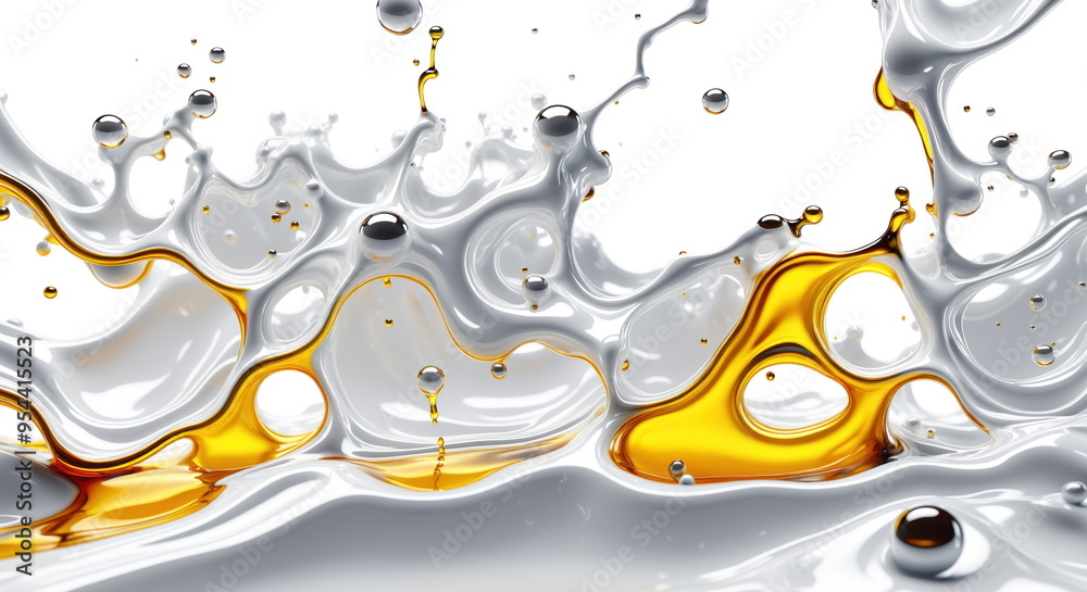 Poster golden liquid splashing and rippling on a reflective surface, creating a beautiful and dynamic patte