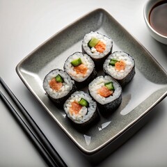 sushi on a plate with chopsticks