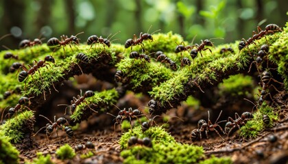 Close-up colony of ants navigating the dense, mossy forest floor. The image captures the intricate details of their movement, highlighting their industrious nature