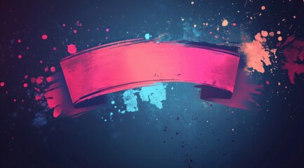 Bright Pink Ribbon Banner with Cyan and Teal Paint Explosion Effects on Dark Background for Modern Artistic Visuals