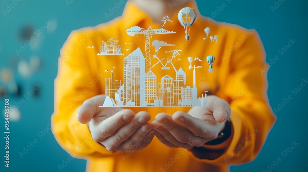 Poster engineer holding 3d architectural model in paper cut style