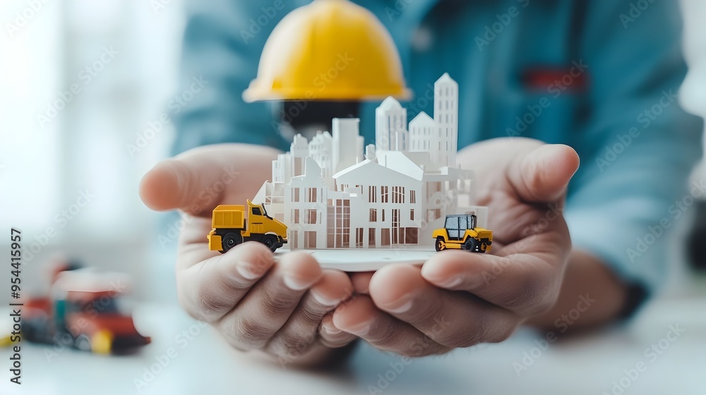 Poster engineer holding 3d architectural model in paper cut style