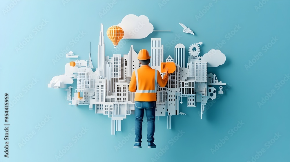 Poster Engineer Holding 3D Model Symbolizing Architectural Design in Paper Cut Style