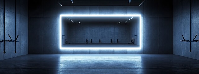 Home fitness mirror, displaying virtual workout instructions, mounted on a wall, in a home gym, bright white light