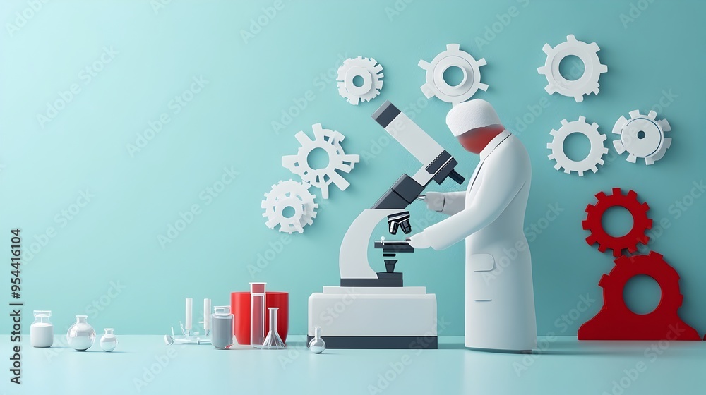 Poster Engineer in Paper Cut Art Examining Research and Development with Microscope